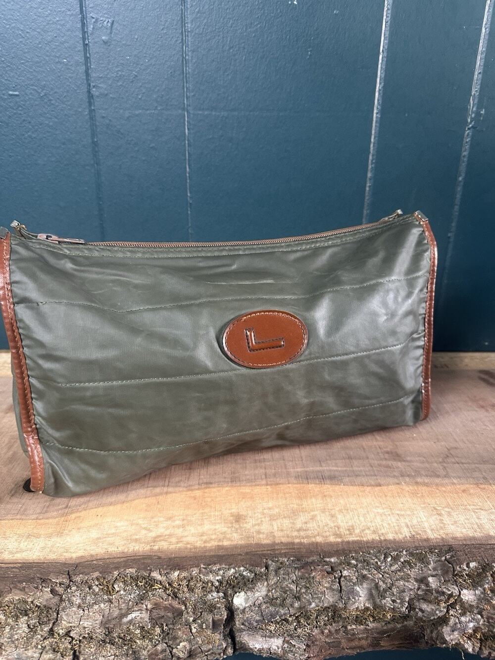Lancel Paris Nylon Travel Toiletry Kit Bag Green Leather Trim